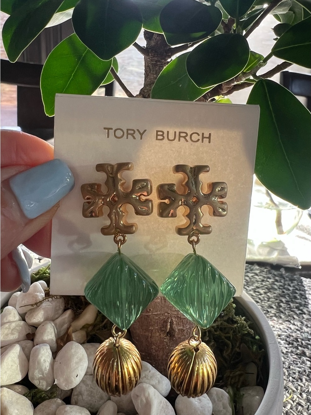 Tory Burch Gold and Green Pendant Drop Earrings